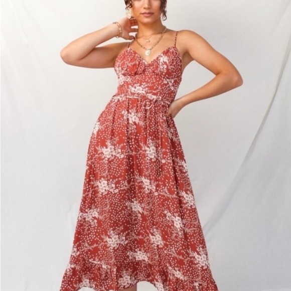 Hello Molly Angel Biba Good Friend Rust V Neckline Cottagecore Midi Dress L - Picture 7 of 7